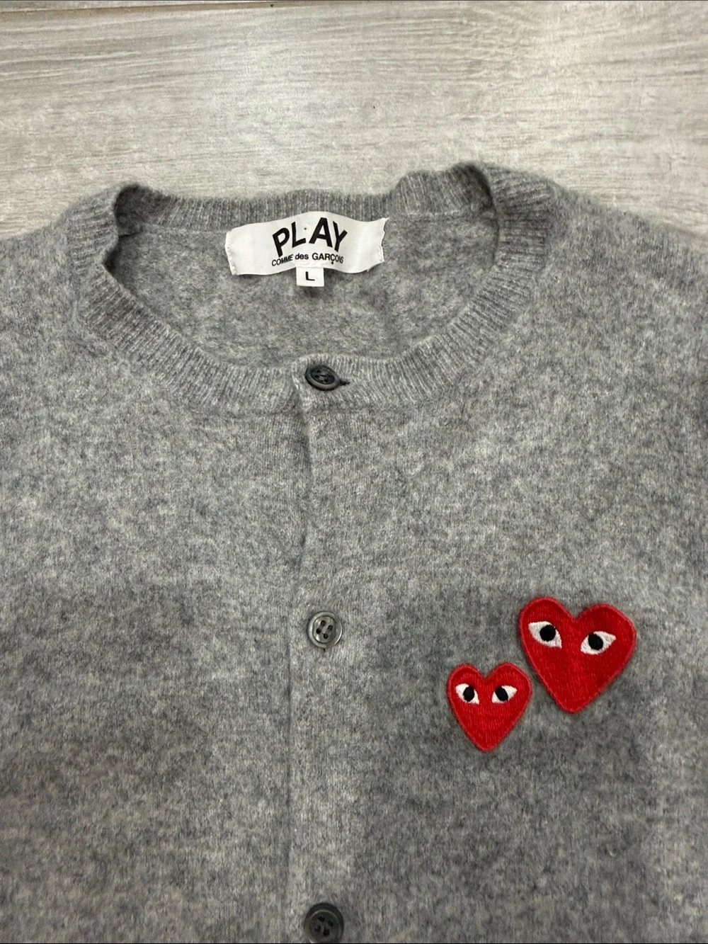 Comme des Garcons PLAY Grey Cardigan with Dual Red Heart Logo L